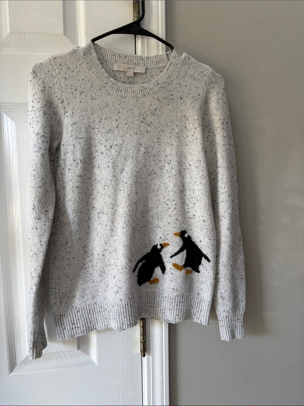 LOFT Light Gray Speckled Penguin Crewneck Sweater